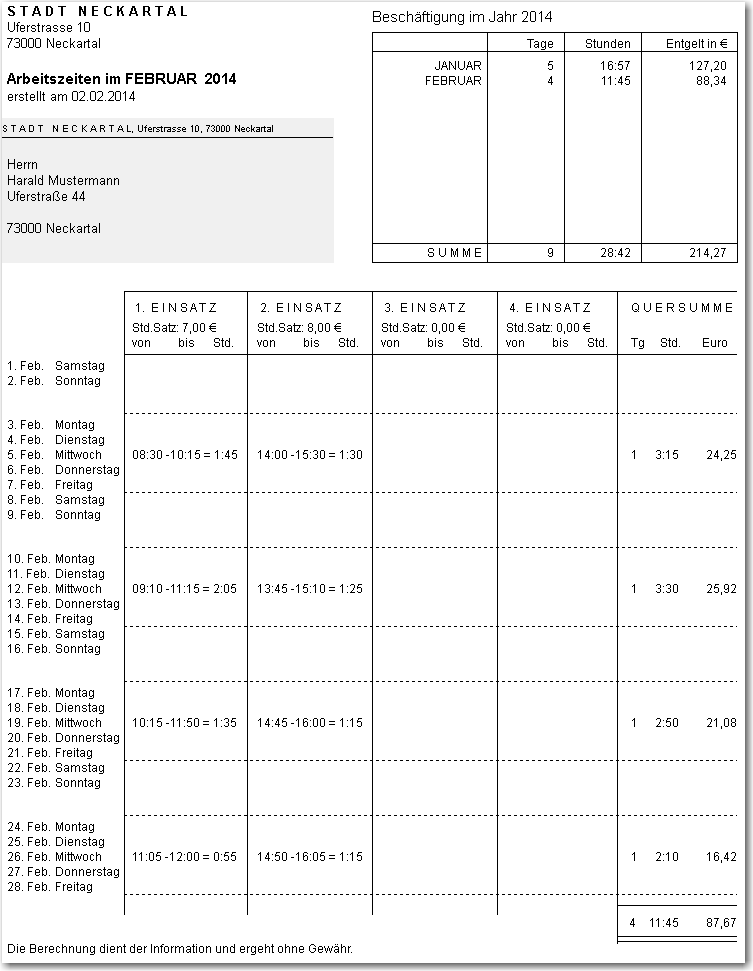 Arbeitszeiterfassung Ausdruck